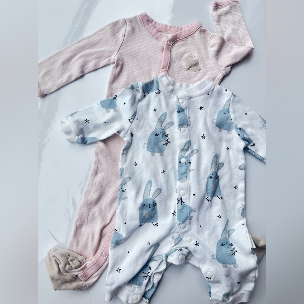 Bunny Print Kids Footies - Blue and Pink